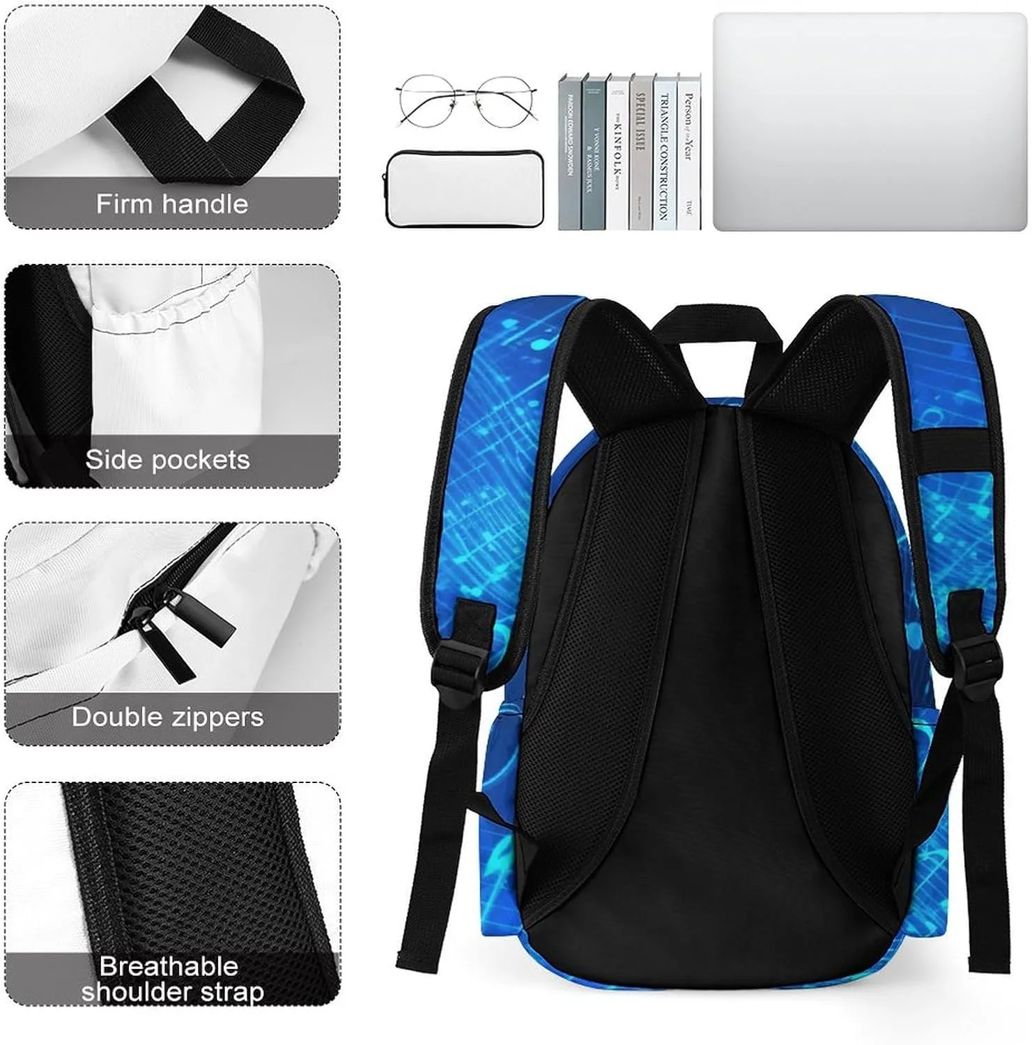 Backpack for Men Women Daypack Waterproof Blue Musical Notes Computer Bag Business Work Bag for Travel, 42x30x15cm