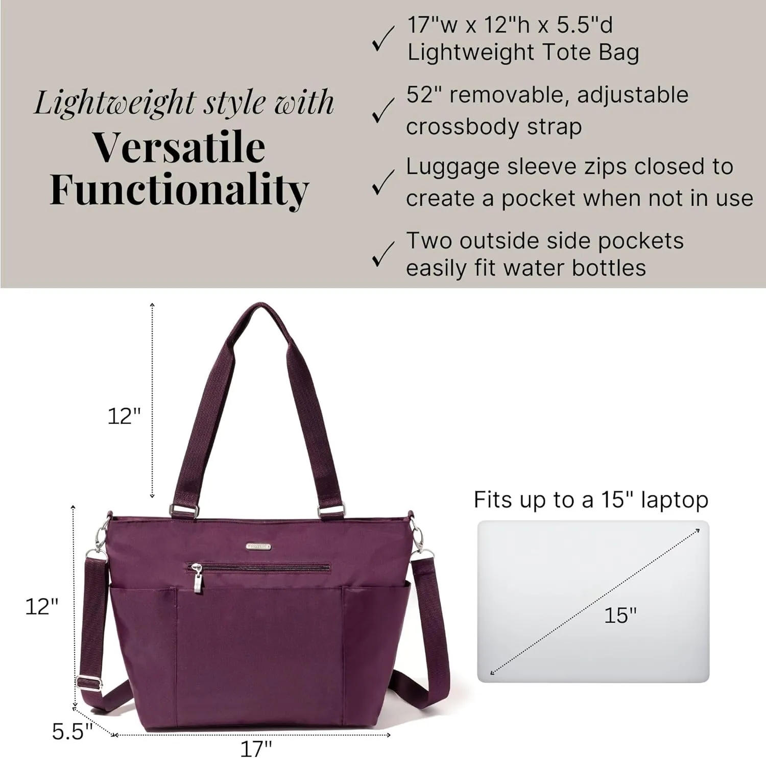Baggallini Essential Laptop Tote - Work Tote Bag with Laptop Sleeve - Lightweight Travel Crossbody Shoulder Bag for Women