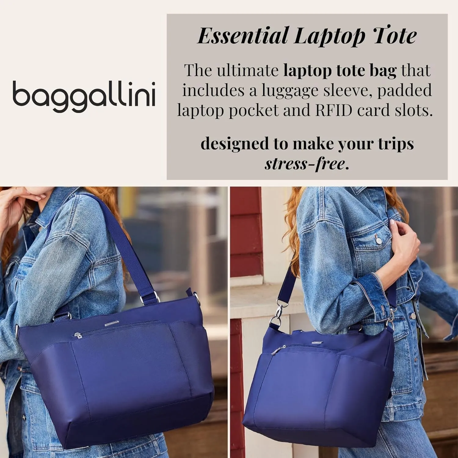 Baggallini Essential Laptop Tote - Work Tote Bag with Laptop Sleeve - Lightweight Travel Crossbody Shoulder Bag for Women