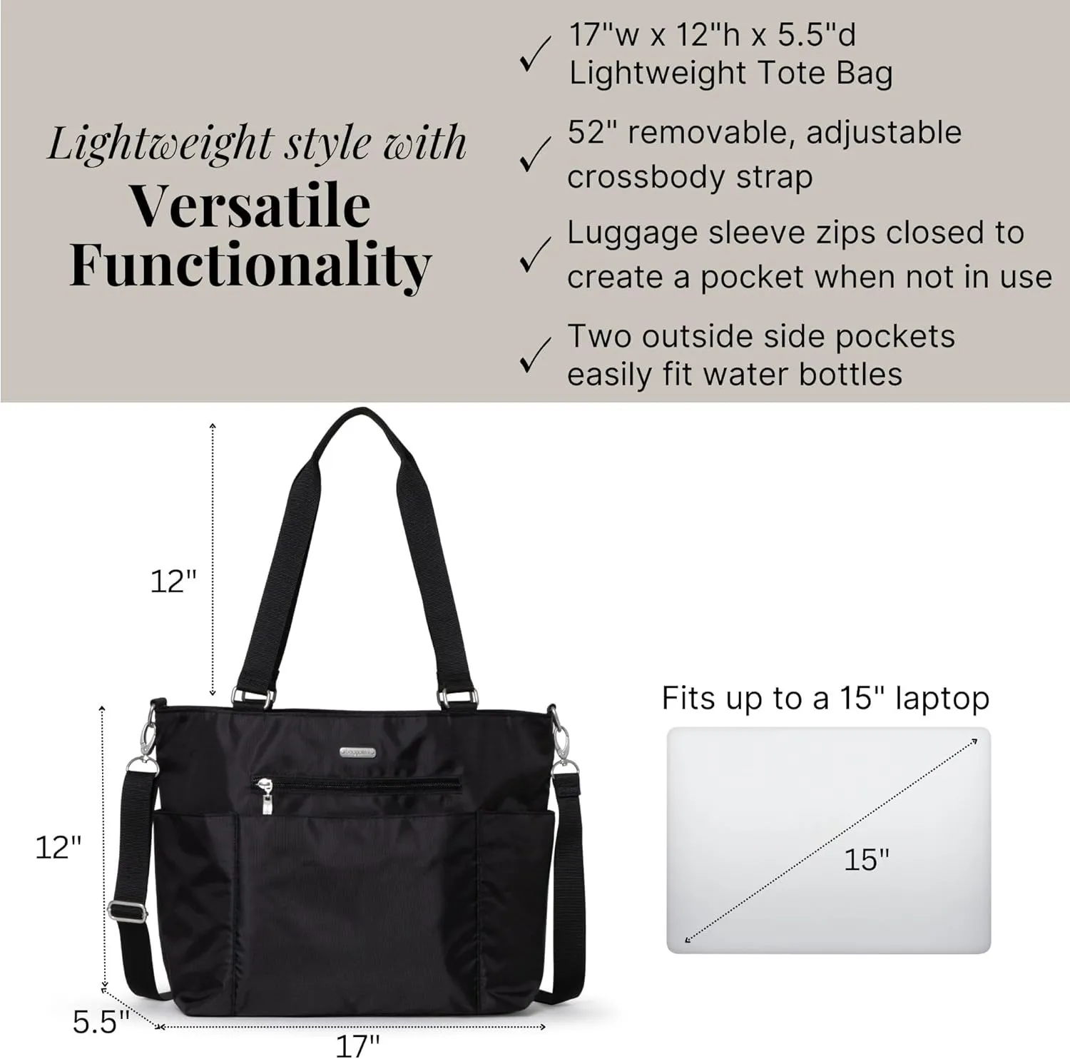 Baggallini Essential Laptop Tote - Work Tote Bag with Laptop Sleeve - Lightweight Travel Crossbody Shoulder Bag for Women