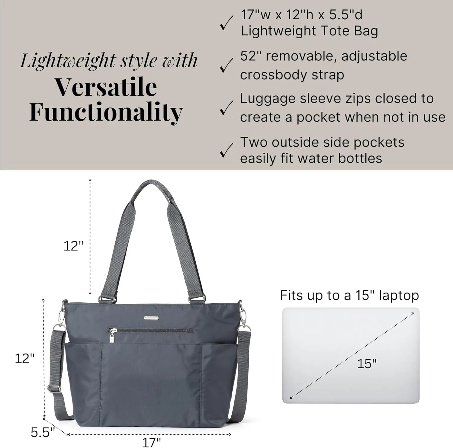 Baggallini Essential Laptop Tote - Work Tote Bag with Laptop Sleeve - Lightweight Travel Crossbody Shoulder Bag for Women