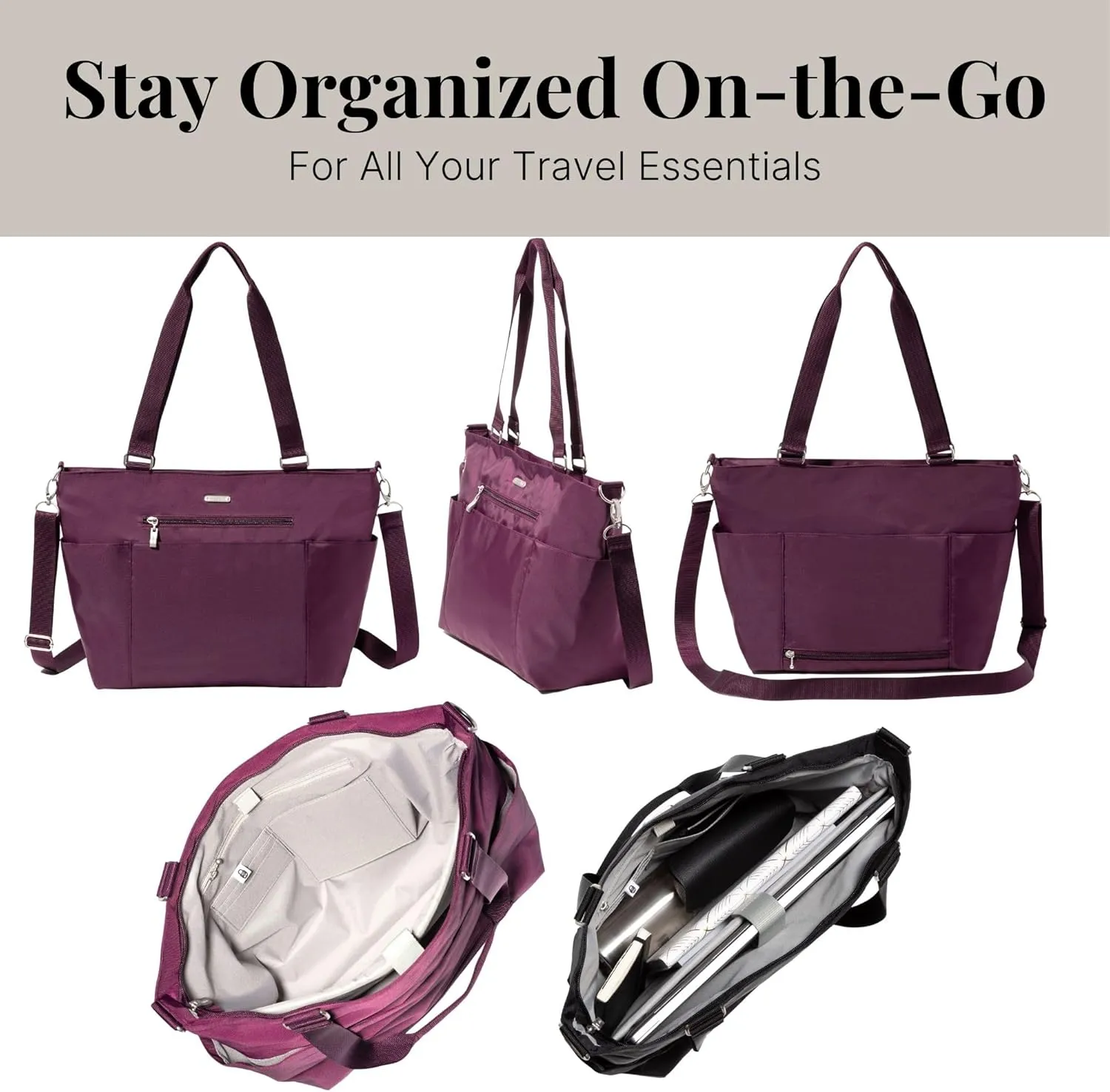 Baggallini Essential Laptop Tote - Work Tote Bag with Laptop Sleeve - Lightweight Travel Crossbody Shoulder Bag for Women