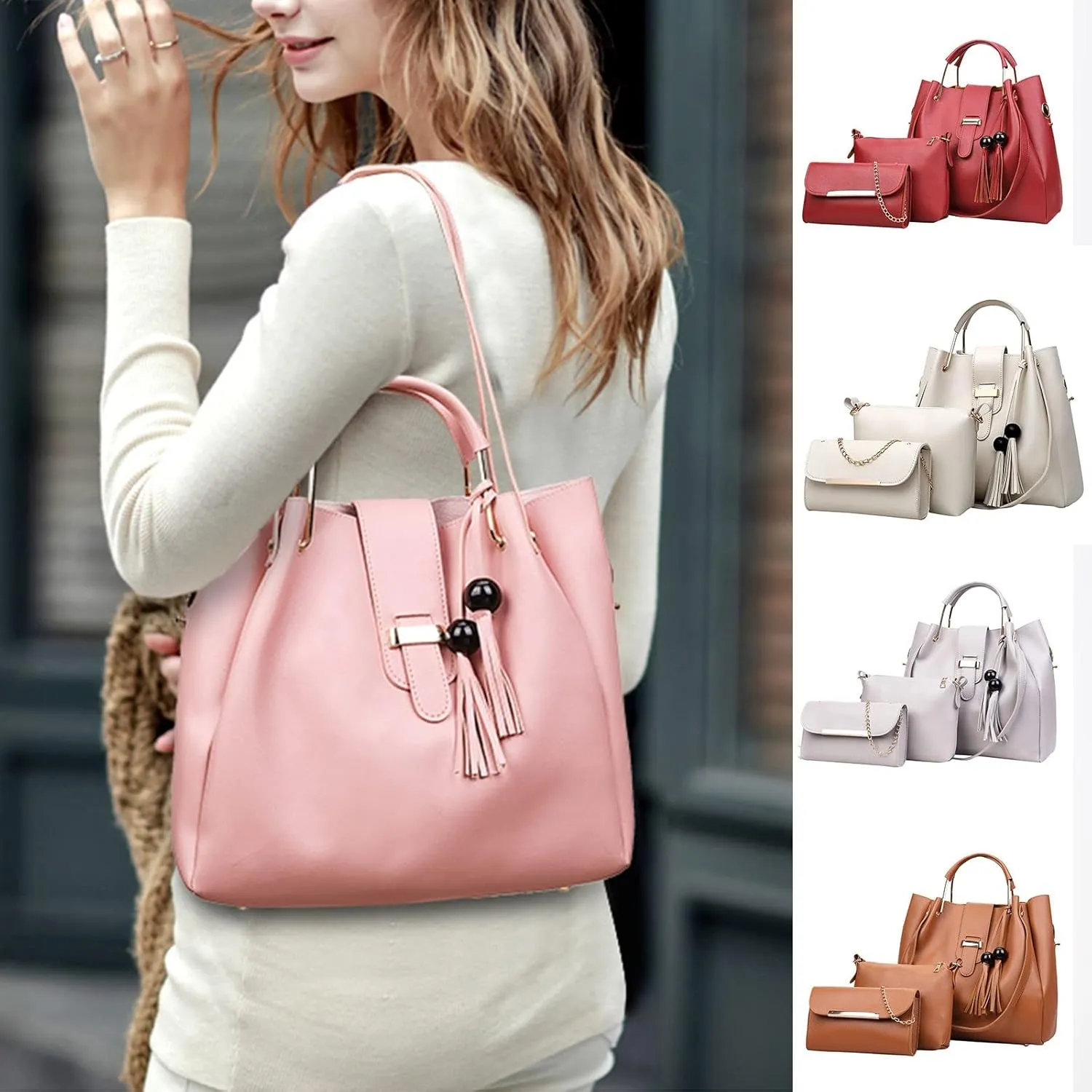Beach Tote Bag 4 Packet Leather Solid Color Handbags Shoulder Bags Crossbody Hobo Bags Card Purse Work Travel Essential L