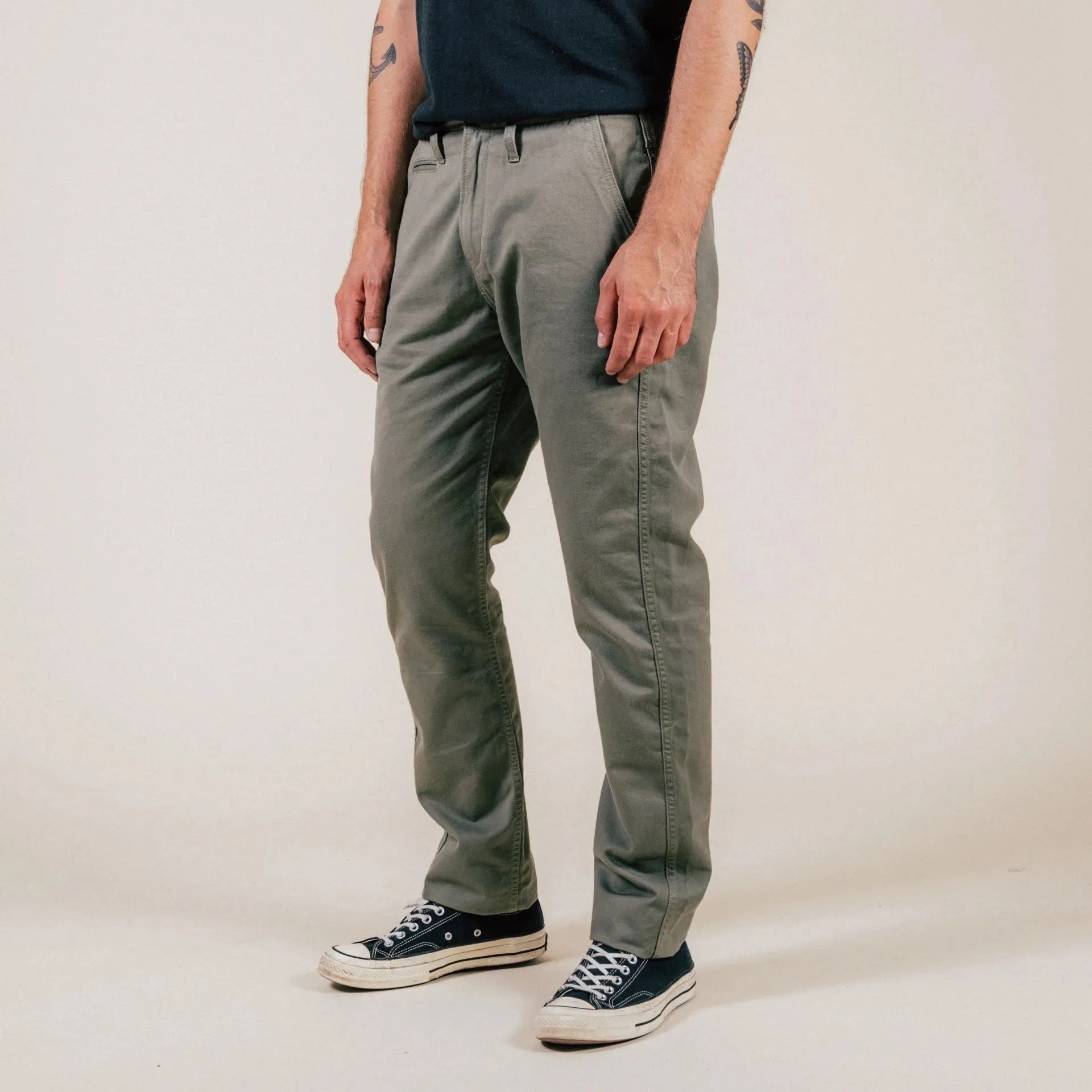 【Benzak Denim Developers】BC-04 RELAXED CHINO 8.5 oz. aged green sateen twill / 寬鬆錐形 復古綠 薄款軍用沙丁布