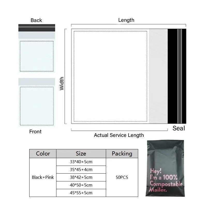 Biodegradable Mailer Bags 50PCS 5Sizes Black Plastic Mailing