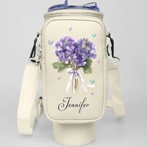 Birthmonth Flower Bottle Carrier Bag - Personalized Pouch Holder for 40Oz Tumbler with Strap and Zipper Pocket for Phone and Accessories, Gifts for Women Friends Sisters Bridemaids (B01)