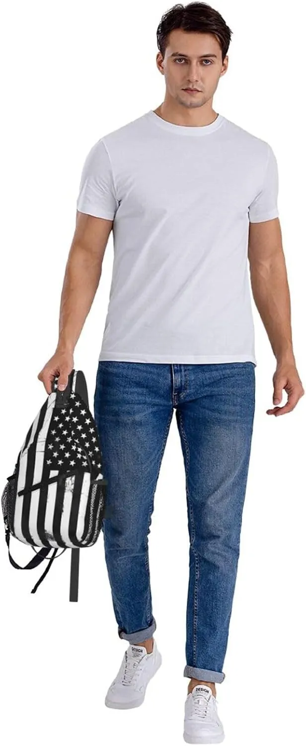Black And White American Flag Crossbody Sling Bag Chest Bags Casual Shoulder Backpack Sport Fanny Pack Gym Diagonally Daypack with Adjustable Strap for Running