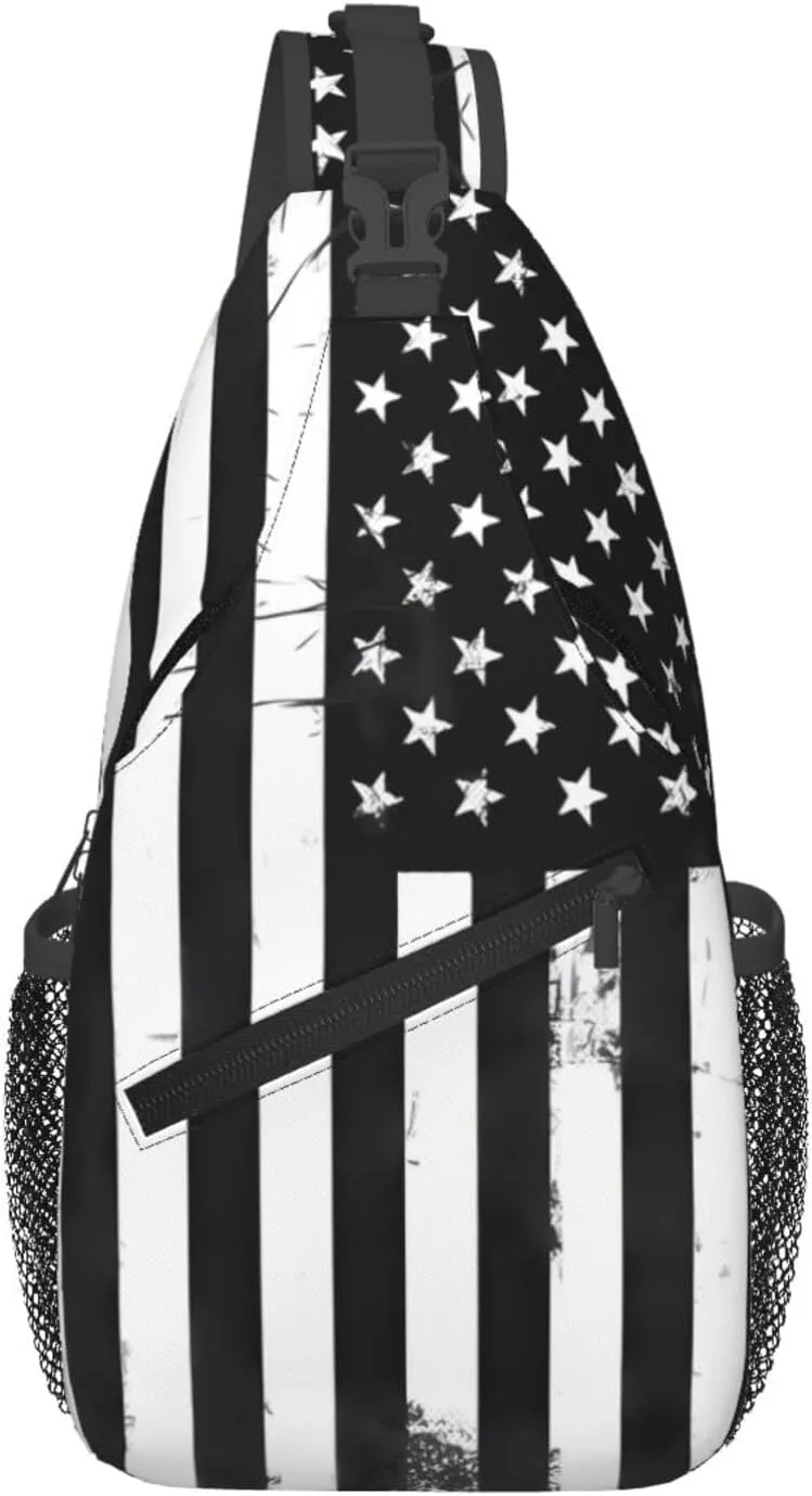 Black And White American Flag Crossbody Sling Bag Chest Bags Casual Shoulder Backpack Sport Fanny Pack Gym Diagonally Daypack with Adjustable Strap for Running