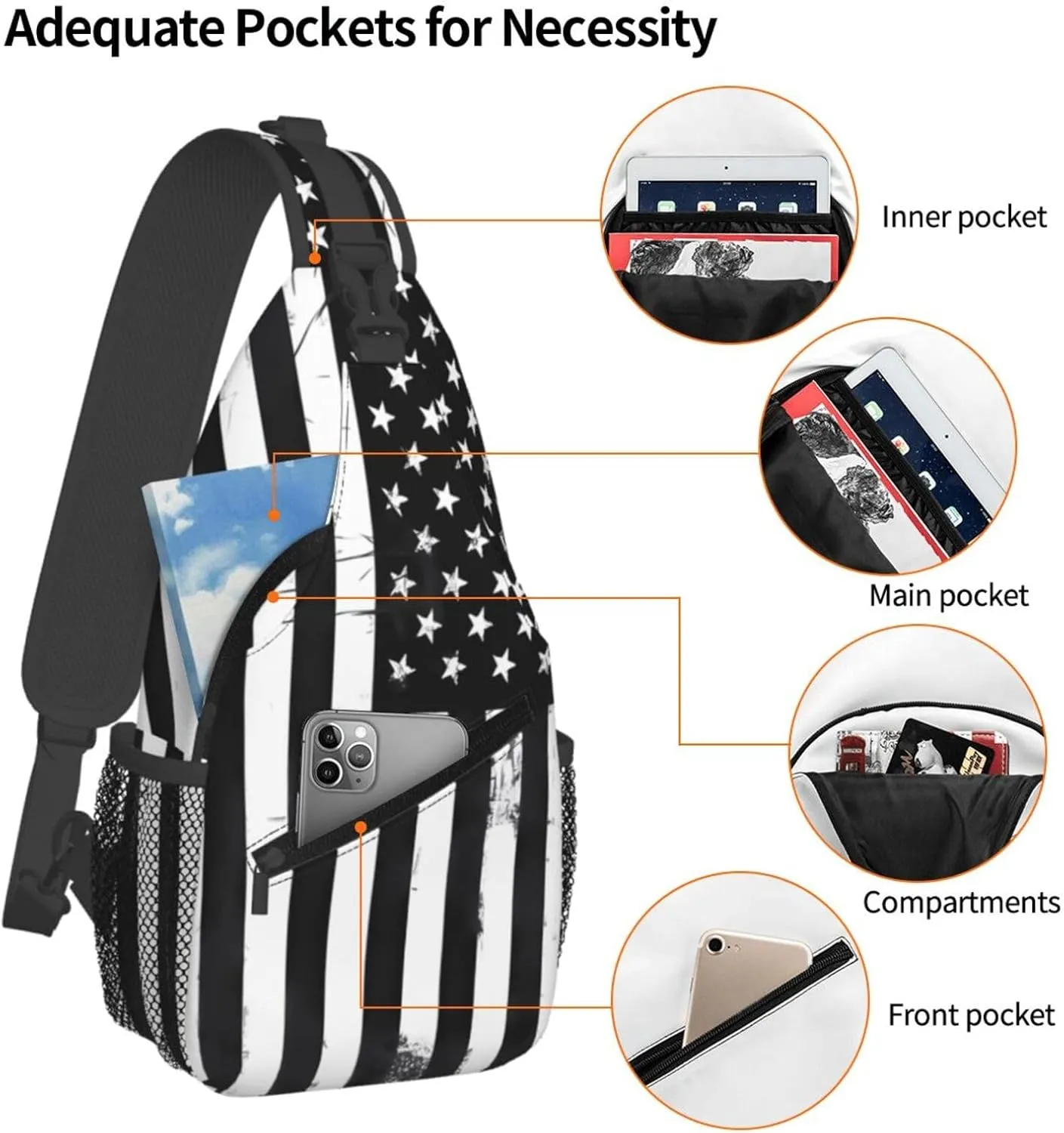 Black And White American Flag Crossbody Sling Bag Chest Bags Casual Shoulder Backpack Sport Fanny Pack Gym Diagonally Daypack with Adjustable Strap for Running