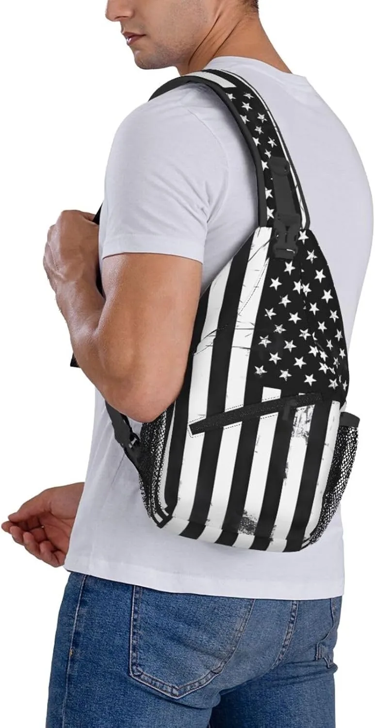 Black And White American Flag Crossbody Sling Bag Chest Bags Casual Shoulder Backpack Sport Fanny Pack Gym Diagonally Daypack with Adjustable Strap for Running