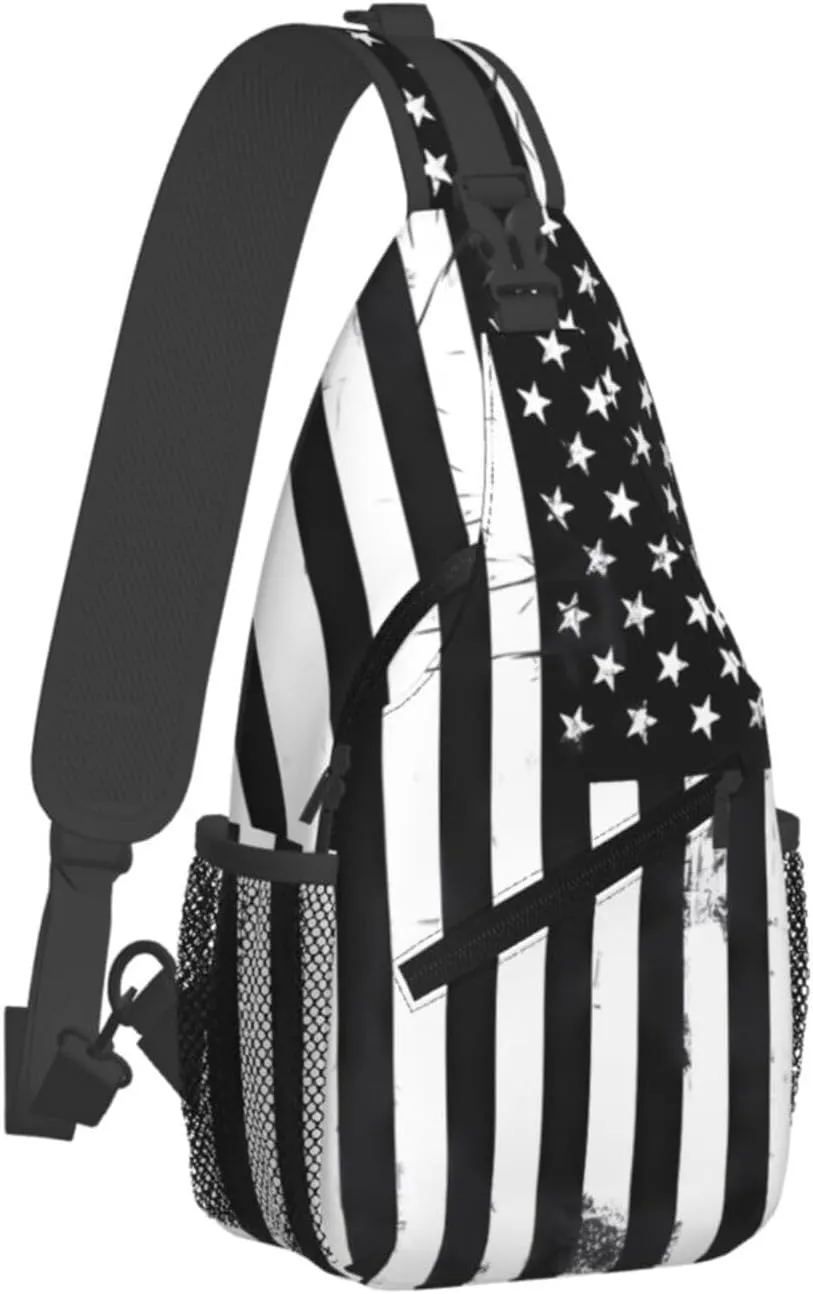 Black And White American Flag Crossbody Sling Bag Chest Bags Casual Shoulder Backpack Sport Fanny Pack Gym Diagonally Daypack with Adjustable Strap for Running