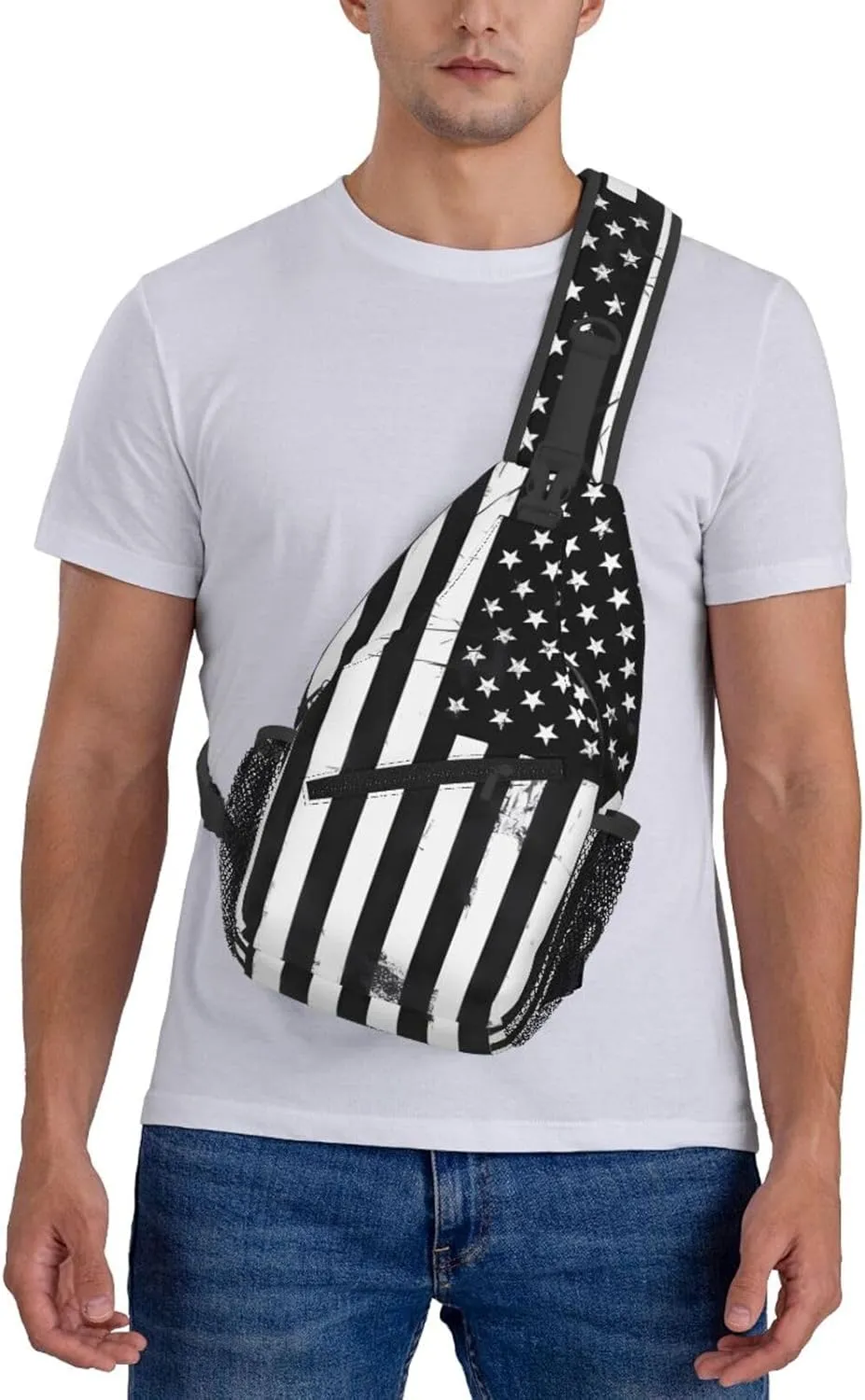 Black And White American Flag Crossbody Sling Bag Chest Bags Casual Shoulder Backpack Sport Fanny Pack Gym Diagonally Daypack with Adjustable Strap for Running