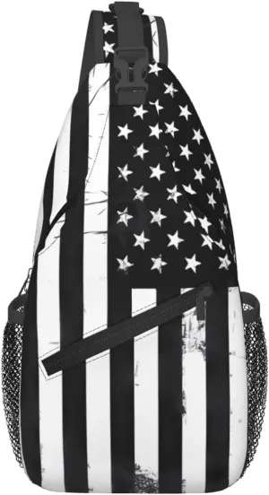 Black And White American Flag Crossbody Sling Bag Chest Bags Casual Shoulder Backpack Sport Fanny Pack Gym Diagonally Daypack with Adjustable Strap for Running