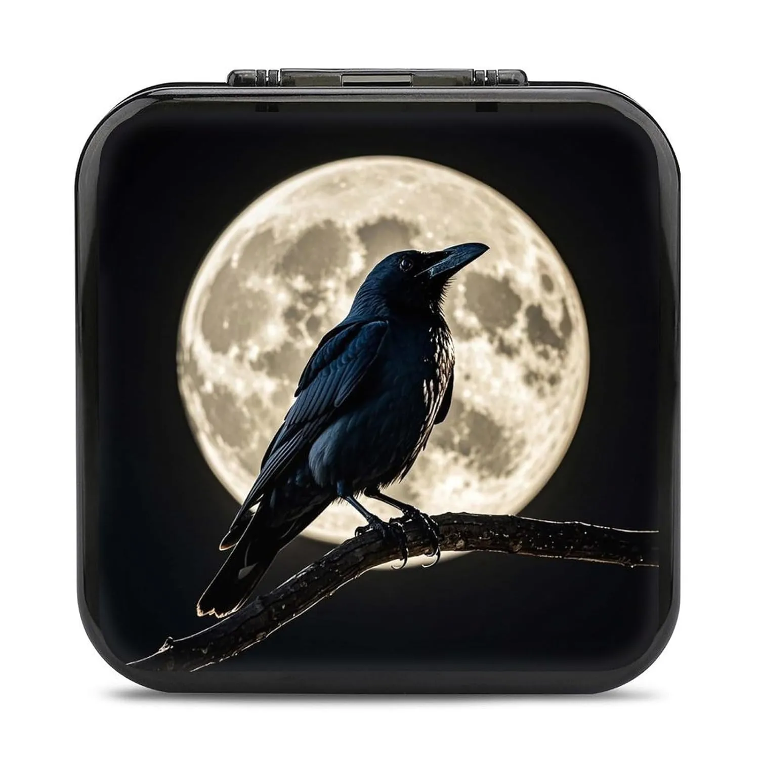 Black Crow on Full Moon Switch Game Case Switch Game Holder Cartridge Case Storage 24 Games & 2 Micro Sd Card Slots, Travel Carry Cases, Portable Games Card Storage, Hard Shell, Buckle Closure