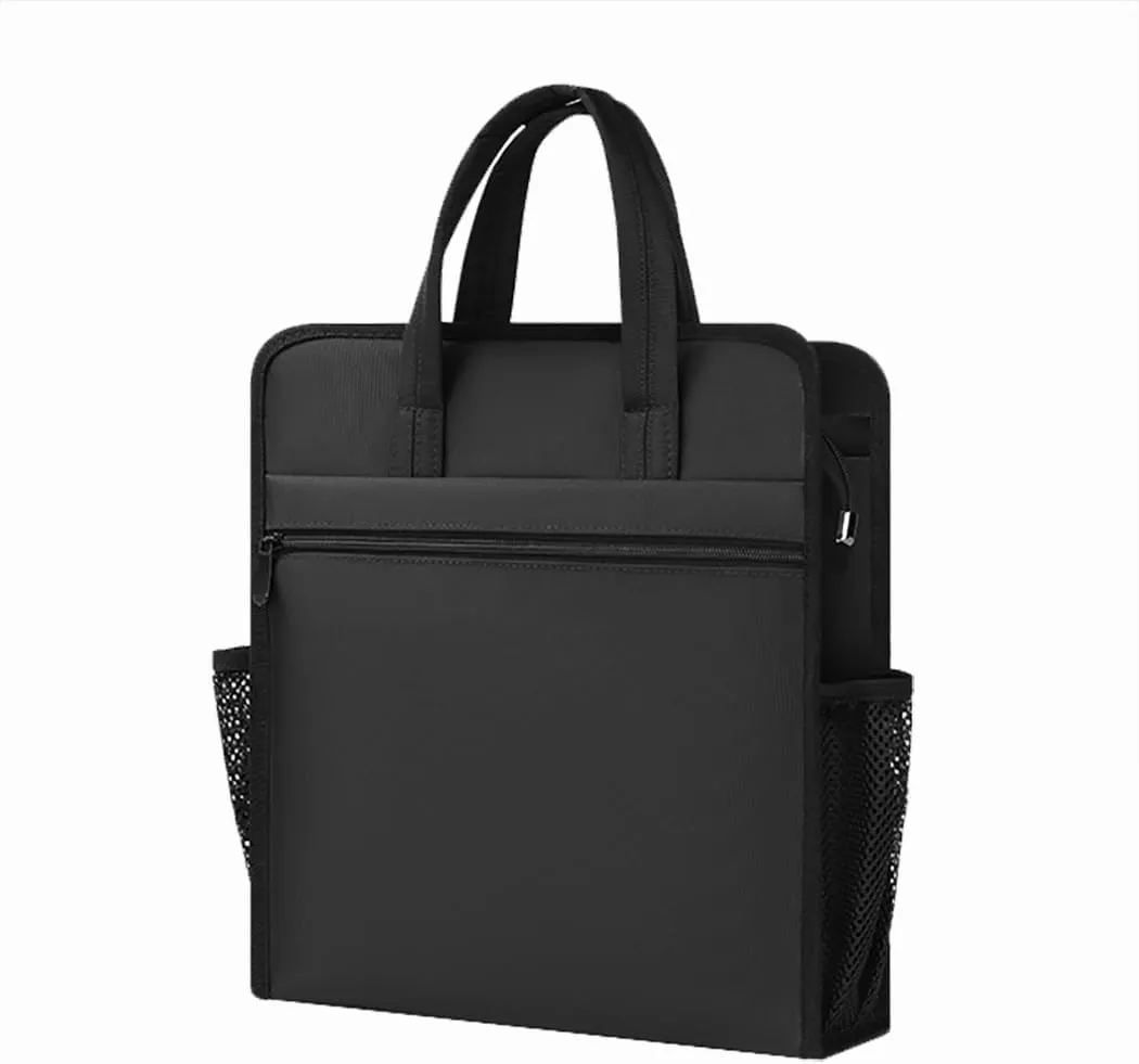 Black Oxford Handle Document Bag with Zipper Briefcase for Men File Tote Bag for Carrying Paper Files (Vertical)