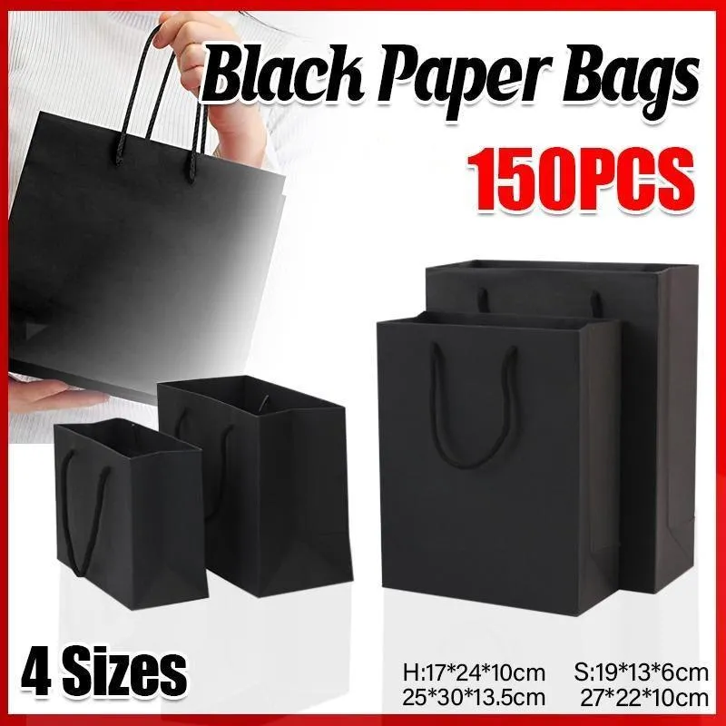 Black Paper Gift Bags with Cotton Handles 150PCS Black