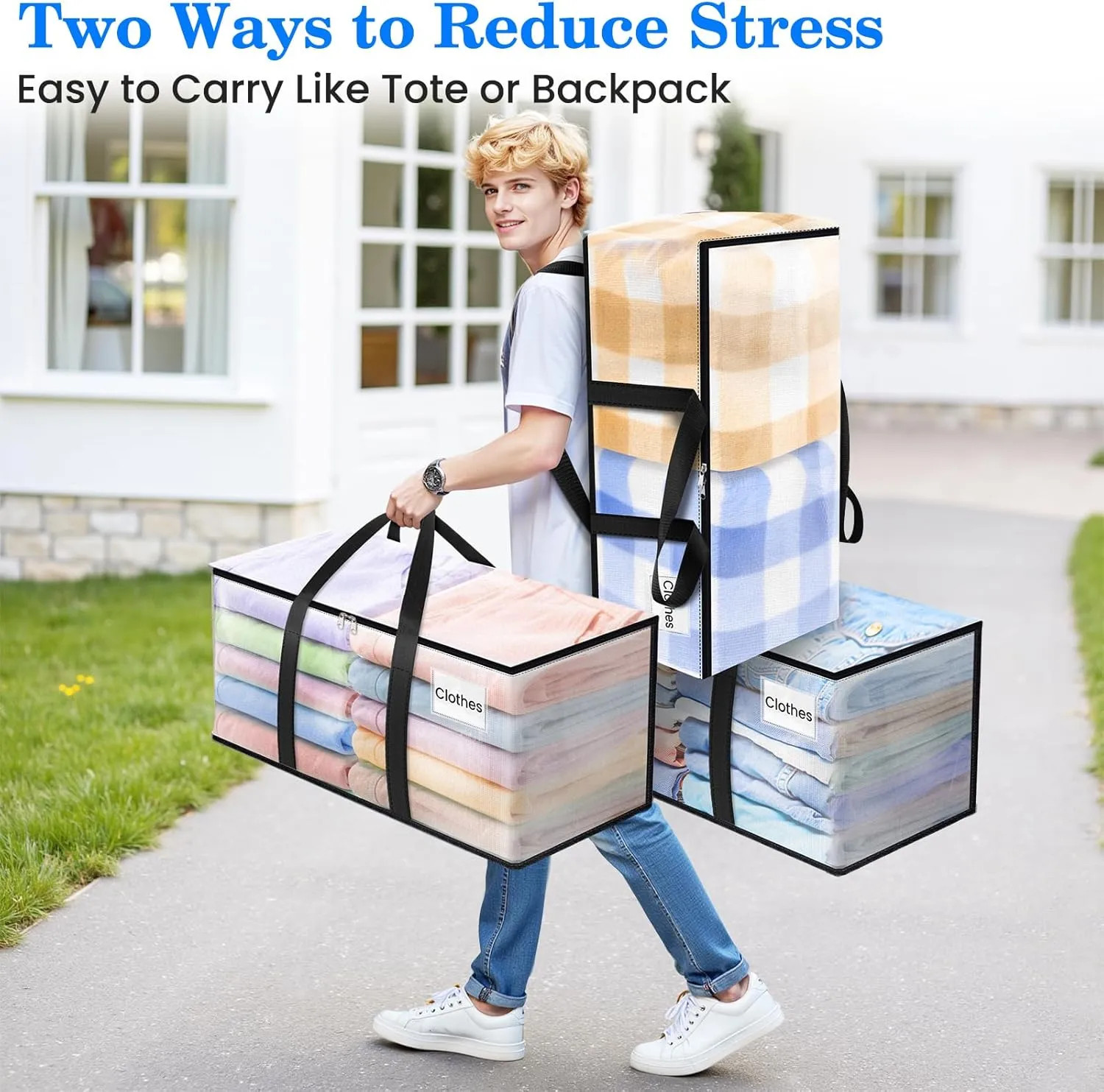 BlissTotes 6-Pack Large Moving Bags with Backpack Straps & Strong Zippers, Heavy-Duty Storage Bags Moving Boxes for Space Saving, Dorms, Transport, 93L-25 Gallons, Clear
