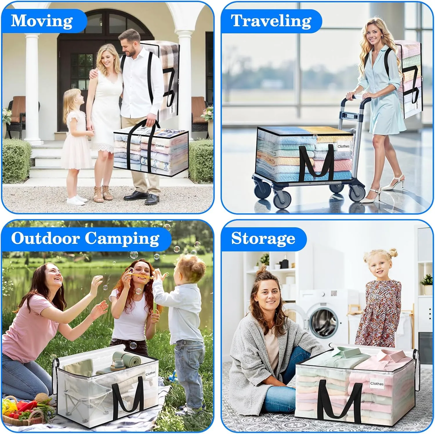 BlissTotes 6-Pack Large Moving Bags with Backpack Straps & Strong Zippers, Heavy-Duty Storage Bags Moving Boxes for Space Saving, Dorms, Transport, 93L-25 Gallons, Clear