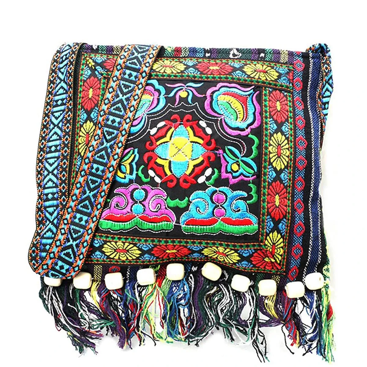 Boho Ethnic Style Embroidered Crossbody Bag with Tassel Decor for Women