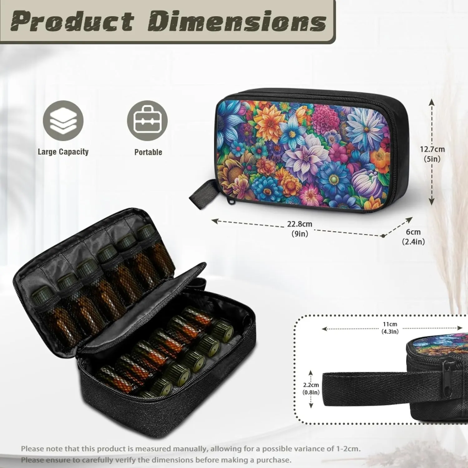 Boho Floral Blossome Essential Oil Case Organizer Essential Oils Carrier Storage Holders Nail Polish Organizer Case with Zipper Closure Handbag