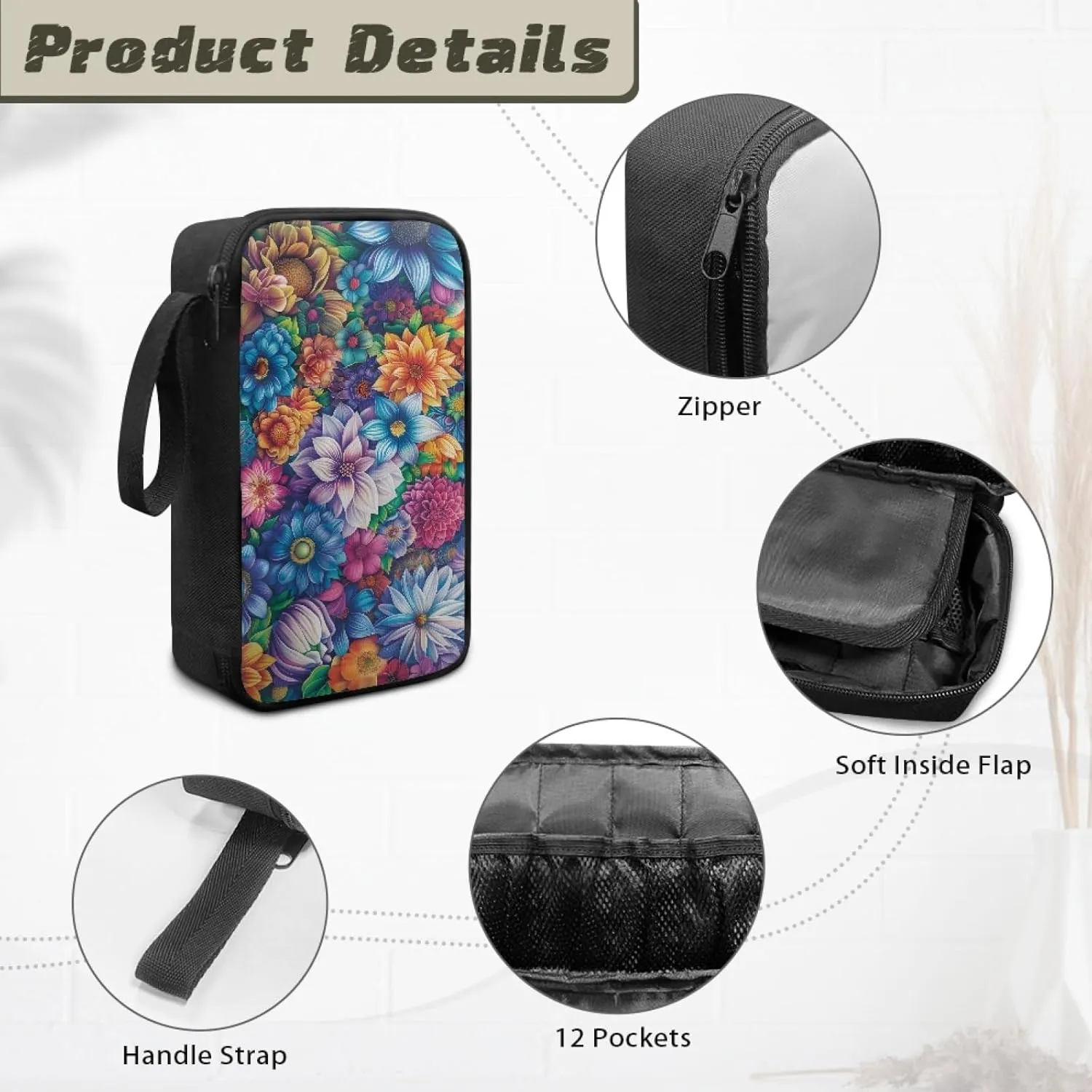 Boho Floral Blossome Essential Oil Case Organizer Essential Oils Carrier Storage Holders Nail Polish Organizer Case with Zipper Closure Handbag