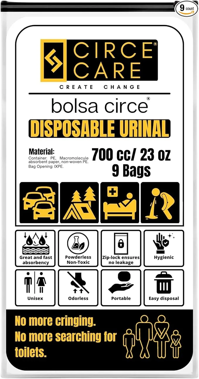 Bolsa Circe Disposable Urine Bags 9/18pcs Resealable, Portable Travel Disposable Urinal bags for men women kids- Camping Pee Bags,Emergency Toilet and Vomit Bag for Car Sickness Traffic Jam and Travel