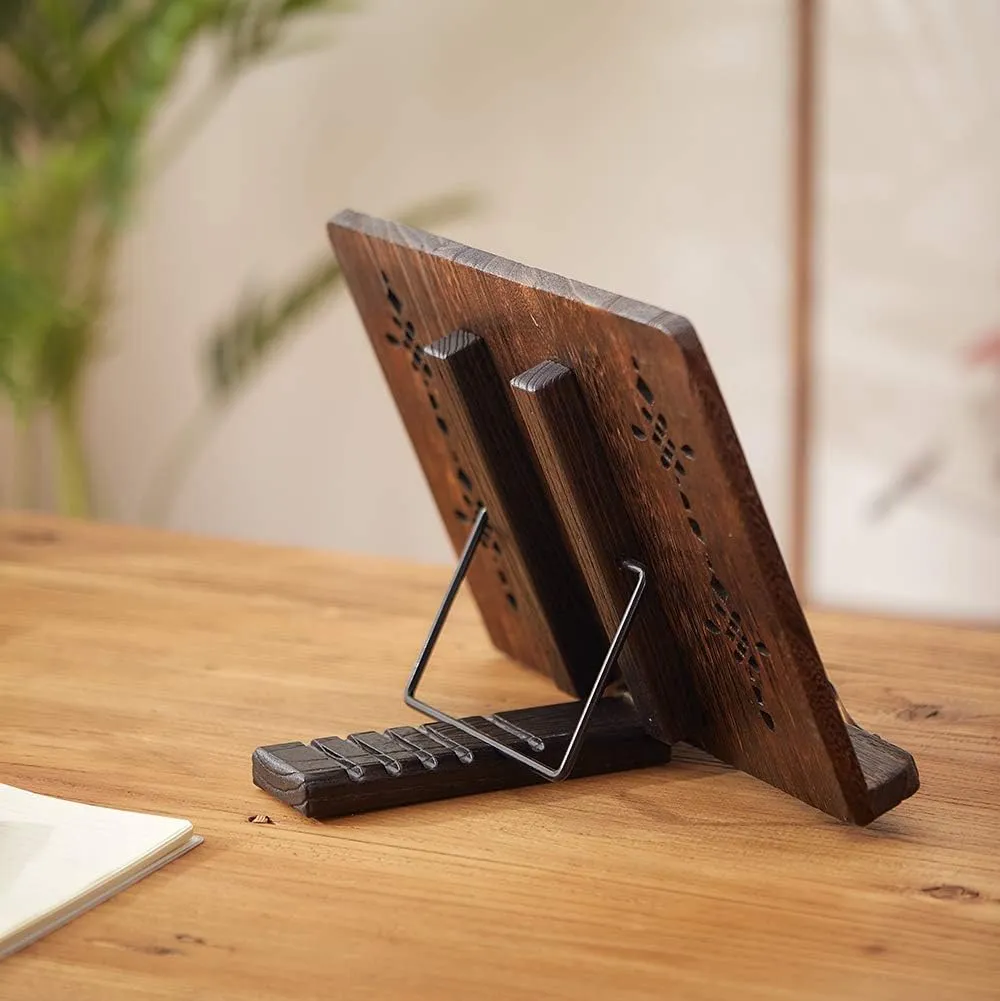 Book Stand with Page Clips, Foldable Reading Rest Holder, Portable Desk Bookrest, Cookbook/Tablet PC/Music Document Stand, Adjustable Wood Reading Frame (Sakura & Rabbit, 11.8 x 8.7 inches)