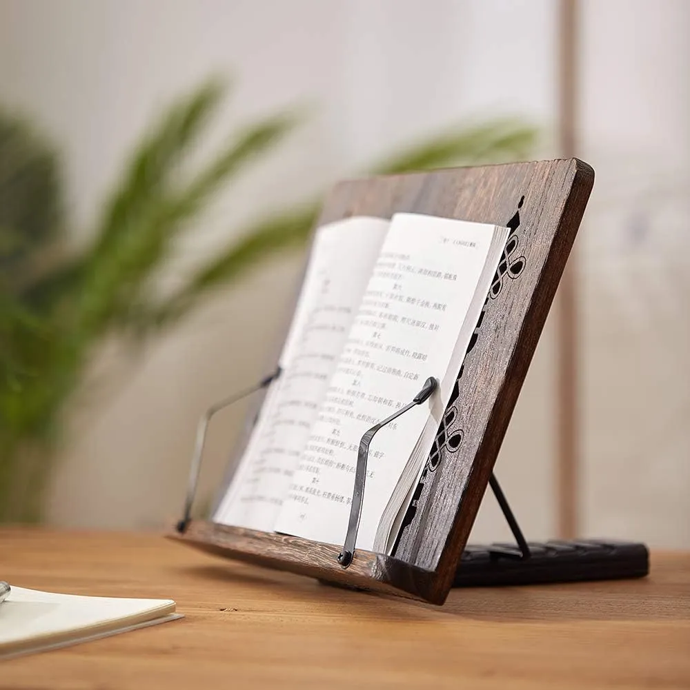 Book Stand with Page Clips, Foldable Reading Rest Holder, Portable Desk Bookrest, Cookbook/Tablet PC/Music Document Stand, Adjustable Wood Reading Frame (Sakura & Rabbit, 11.8 x 8.7 inches)