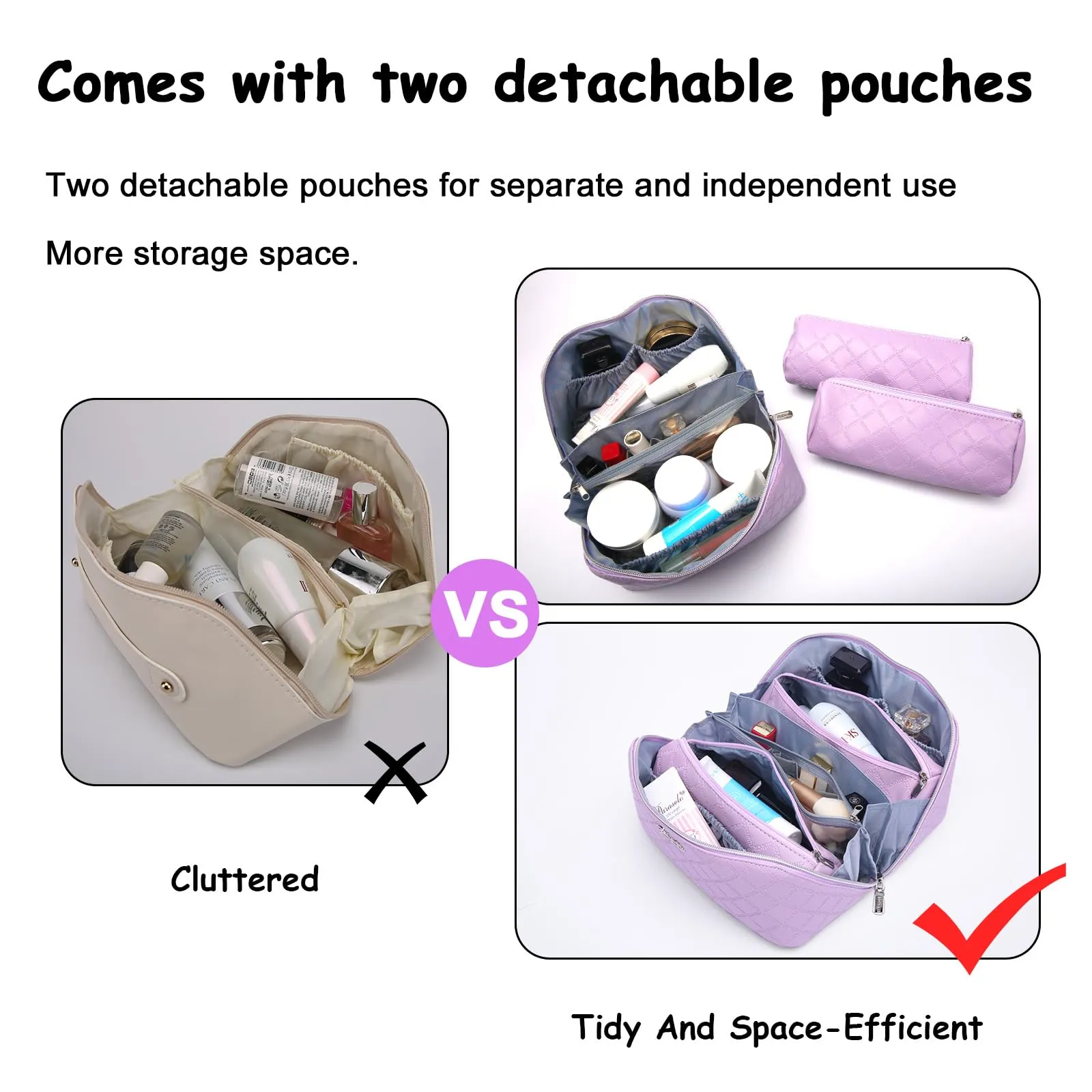 BOYATU Travel Makeup Bags Cosmetic Organizer Bag: 3-Set Large Capacity Make up Bag - PU Leather Toiletry Bags for Women - Wide Open Portable Pouch with Divider & Handle (07-Purple-1)