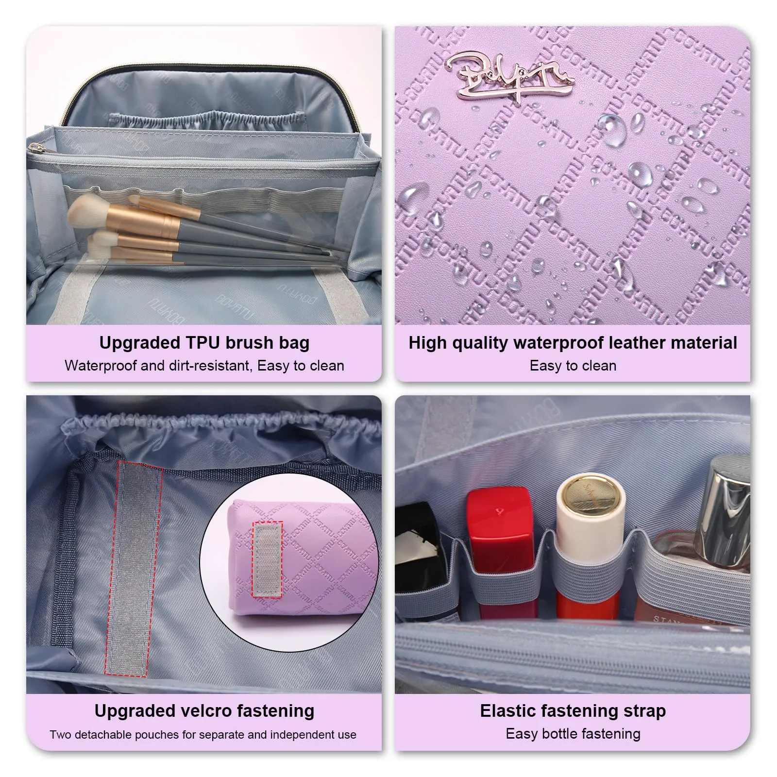 BOYATU Travel Makeup Bags Cosmetic Organizer Bag: 3-Set Large Capacity Make up Bag - PU Leather Toiletry Bags for Women - Wide Open Portable Pouch with Divider & Handle (07-Purple-1)