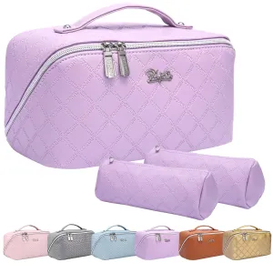 BOYATU Travel Makeup Bags Cosmetic Organizer Bag: 3-Set Large Capacity Make up Bag - PU Leather Toiletry Bags for Women - Wide Open Portable Pouch with Divider & Handle (07-Purple-1)