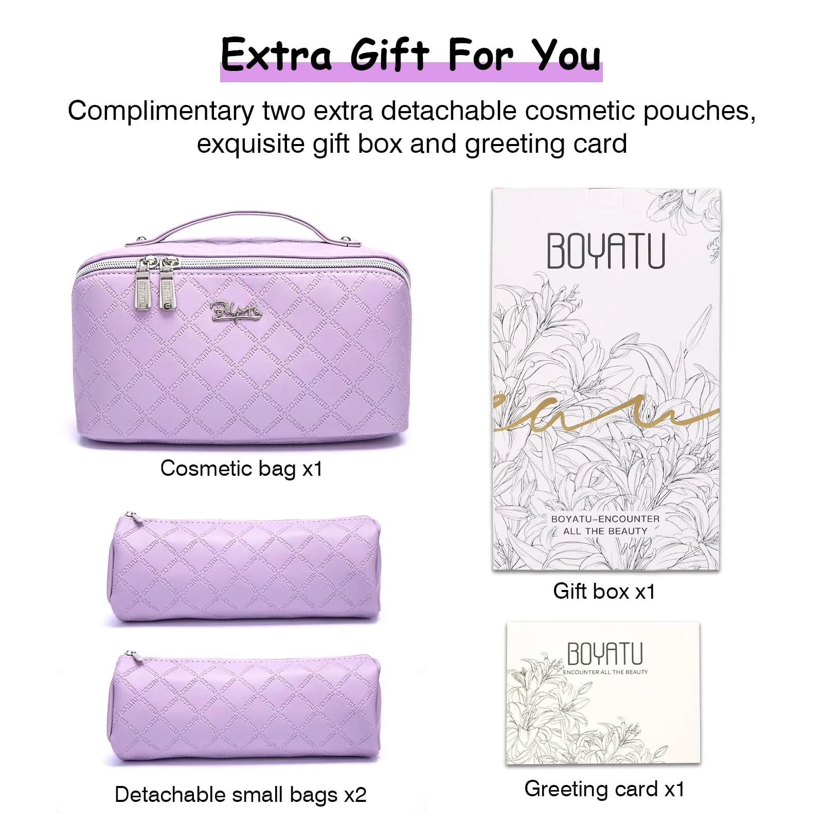 BOYATU Travel Makeup Bags Cosmetic Organizer Bag: 3-Set Large Capacity Make up Bag - PU Leather Toiletry Bags for Women - Wide Open Portable Pouch with Divider & Handle (07-Purple-1)