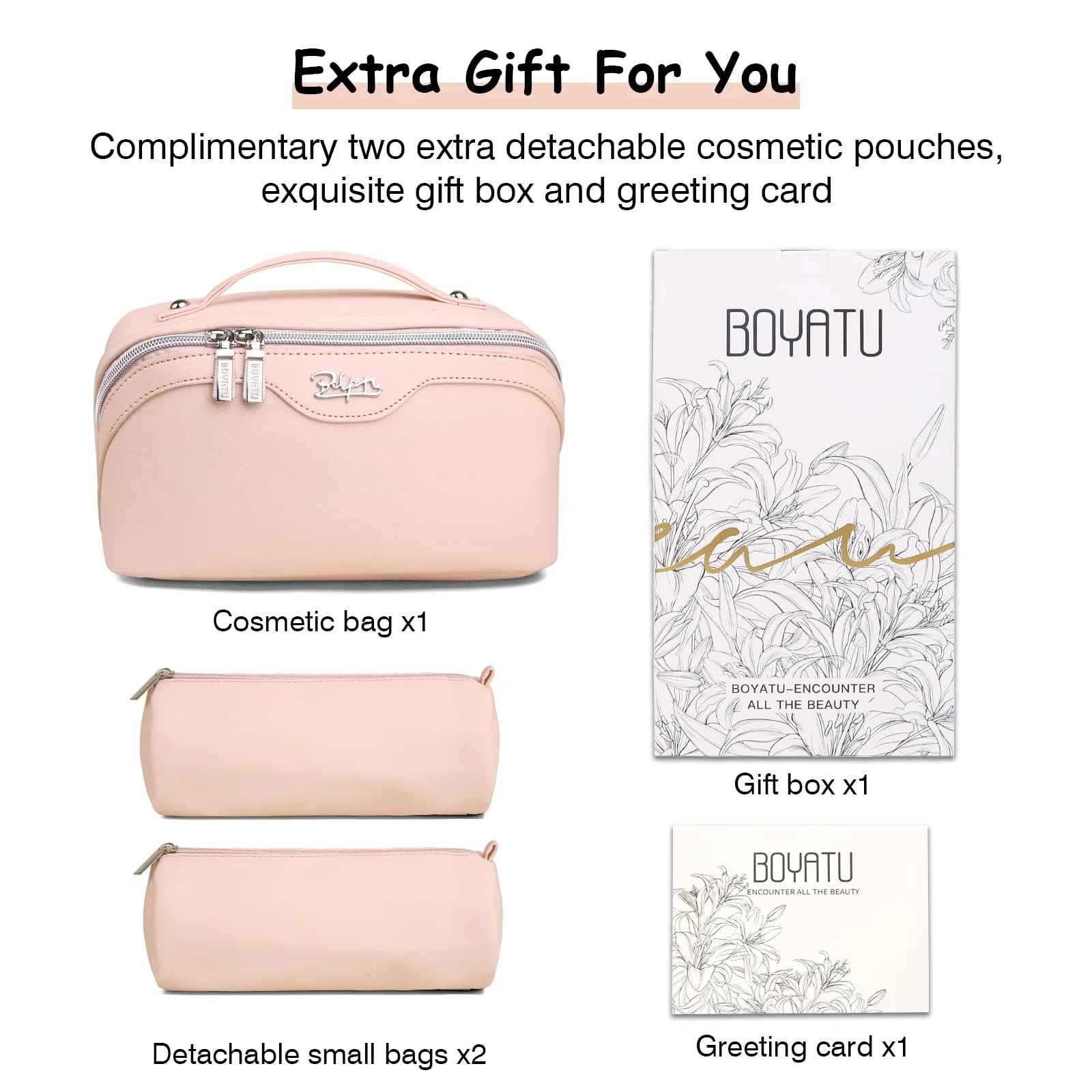 BOYATU Travel Makeup Bags for Women: Vegan Leather Cosmetic Bag Set of 3 - Large Capacity Make up Bag with Divider - Wide Open Waterproof Toiletry Organizer Bag with Handle (05-Pink)