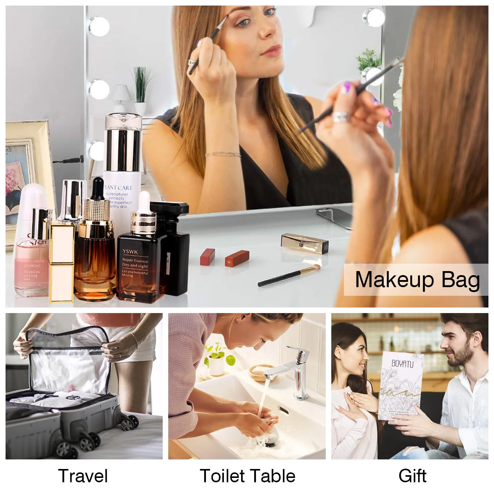 BOYATU Travel Makeup Bags for Women: Vegan Leather Cosmetic Bag Set of 3 - Large Capacity Make up Bag with Divider - Wide Open Waterproof Toiletry Organizer Bag with Handle (05-Pink)