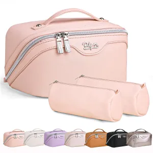 BOYATU Travel Makeup Bags for Women: Vegan Leather Cosmetic Bag Set of 3 - Large Capacity Make up Bag with Divider - Wide Open Waterproof Toiletry Organizer Bag with Handle (05-Pink)