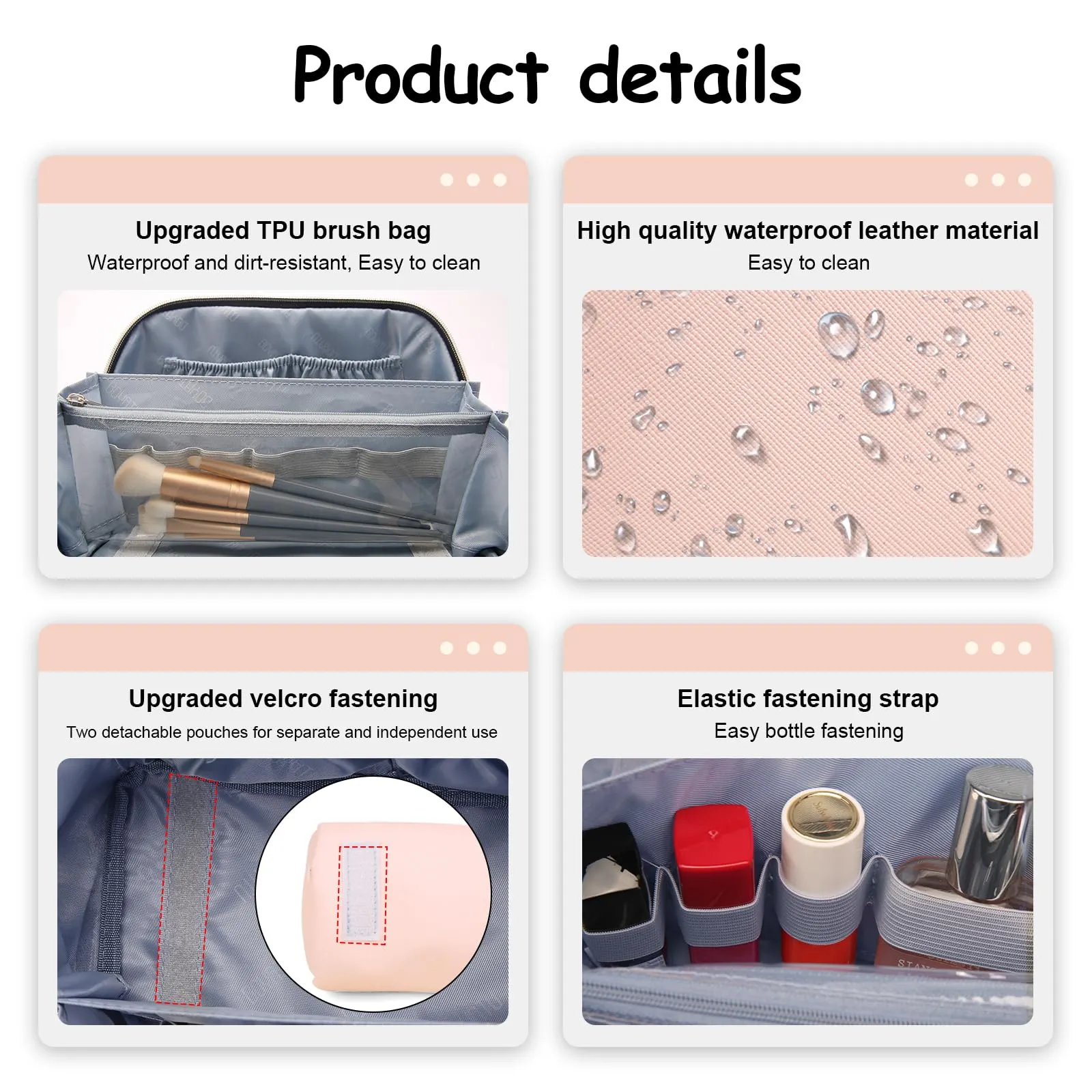BOYATU Travel Makeup Bags for Women: Vegan Leather Cosmetic Bag Set of 3 - Large Capacity Make up Bag with Divider - Wide Open Waterproof Toiletry Organizer Bag with Handle (05-Pink)