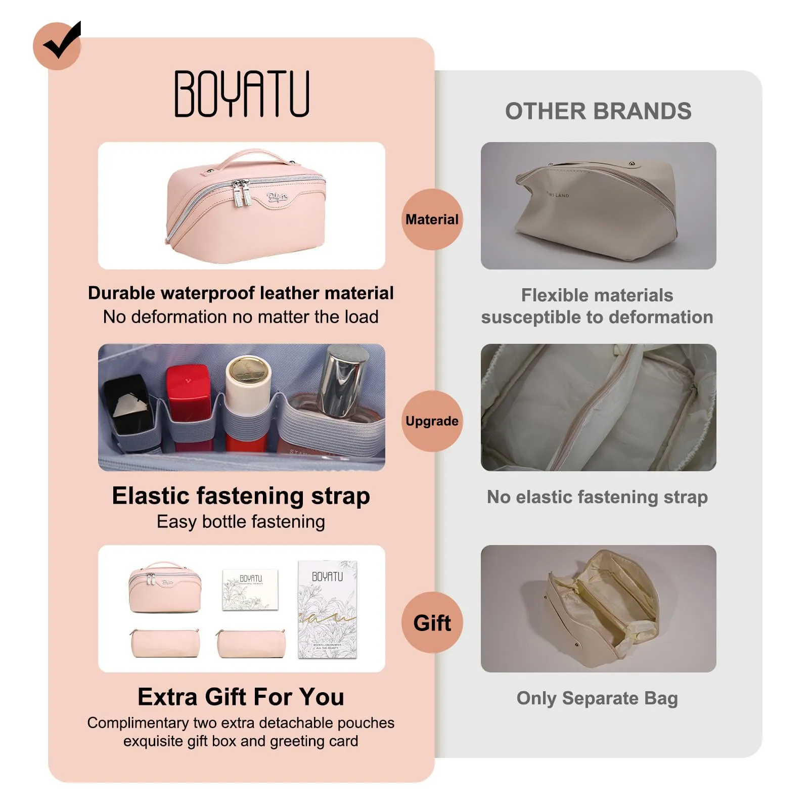 BOYATU Travel Makeup Bags for Women: Vegan Leather Cosmetic Bag Set of 3 - Large Capacity Make up Bag with Divider - Wide Open Waterproof Toiletry Organizer Bag with Handle (05-Pink)