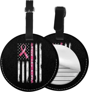 Breast Cancer Awareness Pink Ribbon American Flag Round Leather Luggage Tags for Travel Bags Backpacks Handbags,3.7in