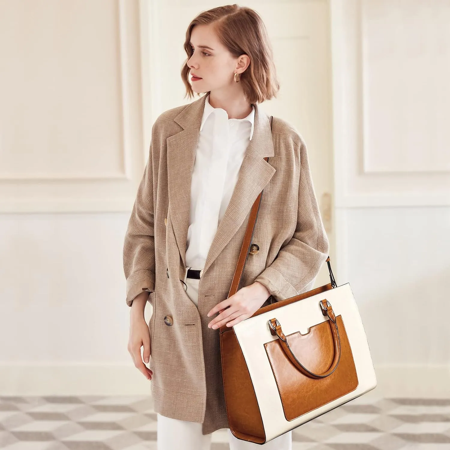 BROMEN Women Leather Briefcase 15.6 inch Vintage Laptop Shoulder Bag Business Tote Work Handbag
