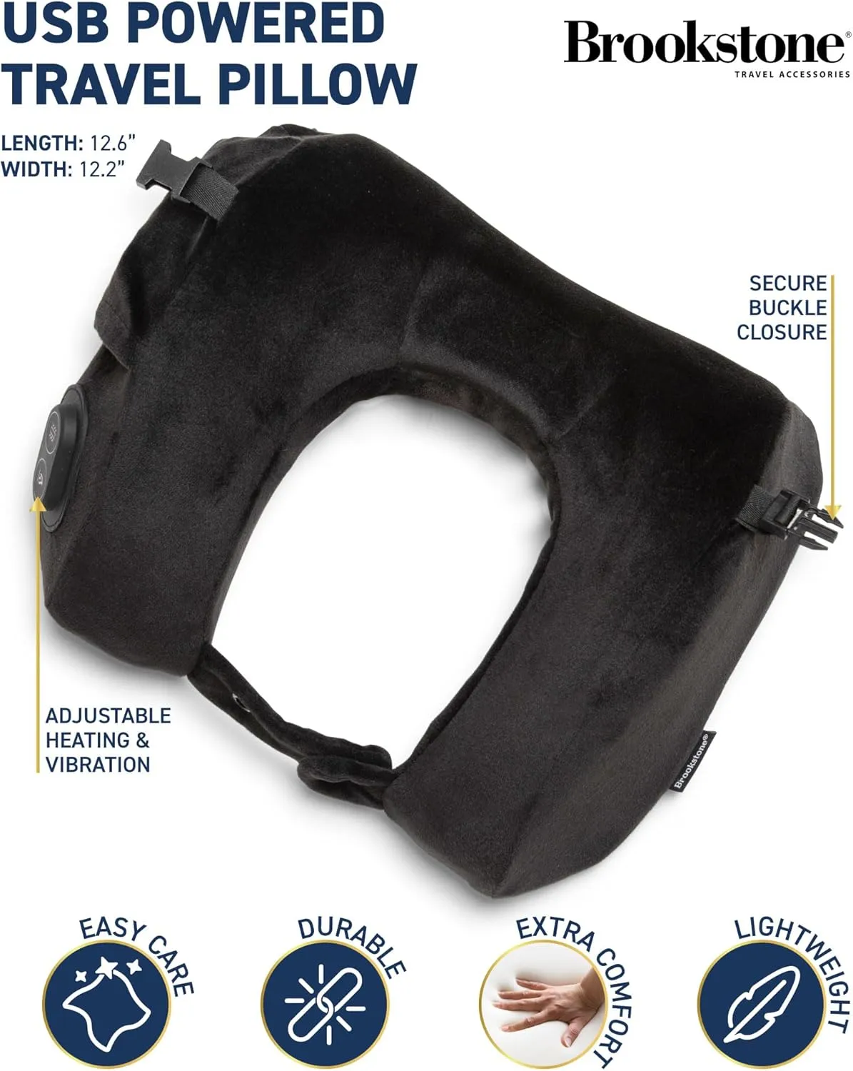 Brookstone USB Powered Vibration   Heating Travel Pillow - 2 in 1 Ergonomic Memory Foam Massaging Airplane Head, Neck, and Lumbar Pillow (Black)