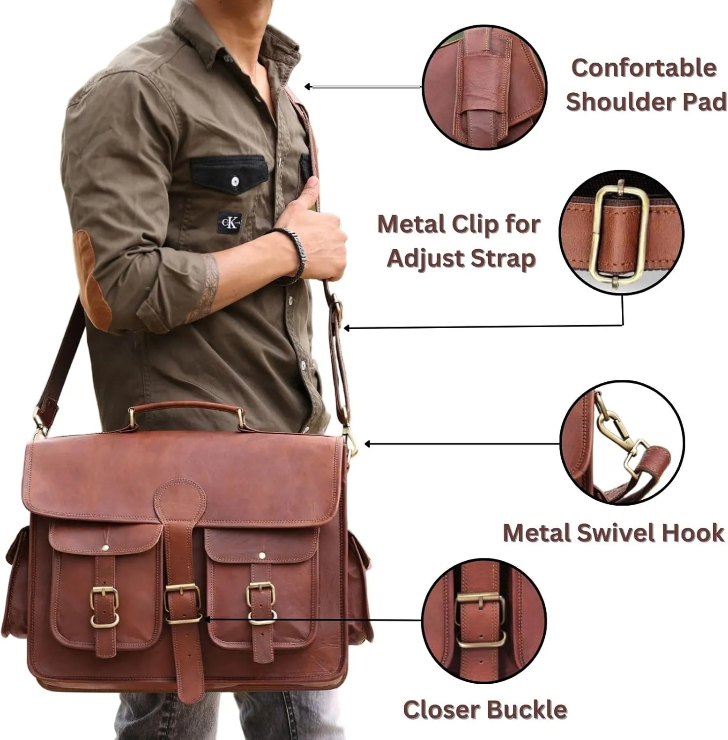Brown Leather Briefcase for Men Vintage Crossbody Mens Messenger Bag Genuine Leather Laptop Satchel Shoulder Book Bag
