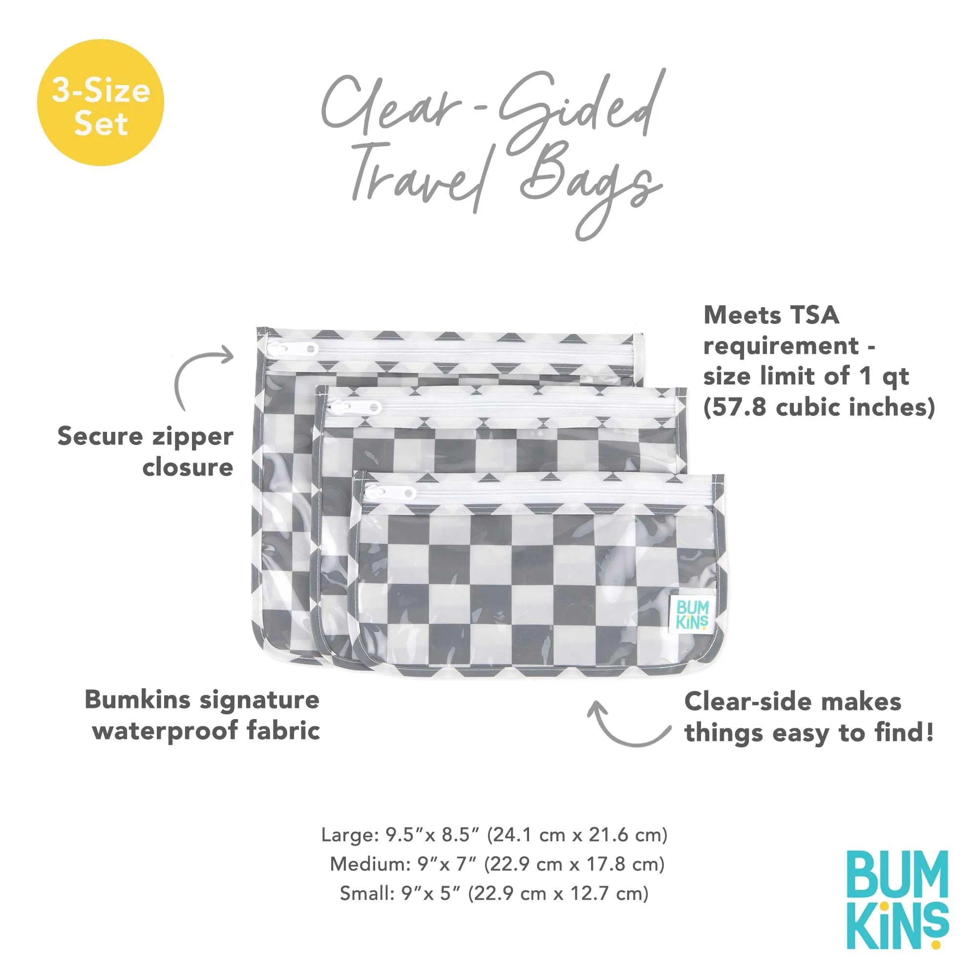 Bumkins Travel Bag, Toiletry, TSA Approved Pouch, Zip Bag, Quart Size Airline Compliant, Clear-Sided, Baby, Diaper Bag Organization, Makeup, Accessories, Packing, Set of 3 Sizes, Charcoal Check