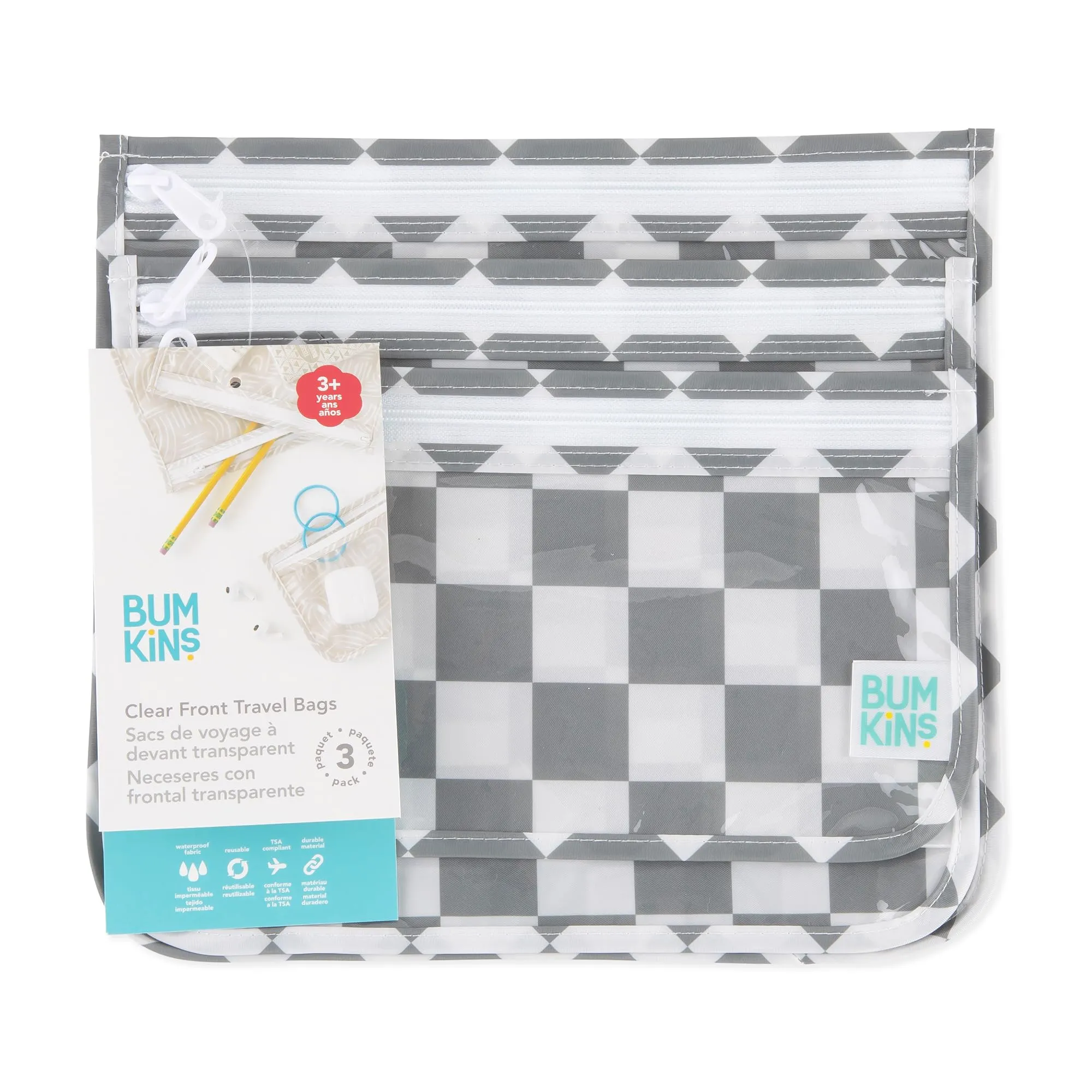 Bumkins Travel Bag, Toiletry, TSA Approved Pouch, Zip Bag, Quart Size Airline Compliant, Clear-Sided, Baby, Diaper Bag Organization, Makeup, Accessories, Packing, Set of 3 Sizes, Charcoal Check