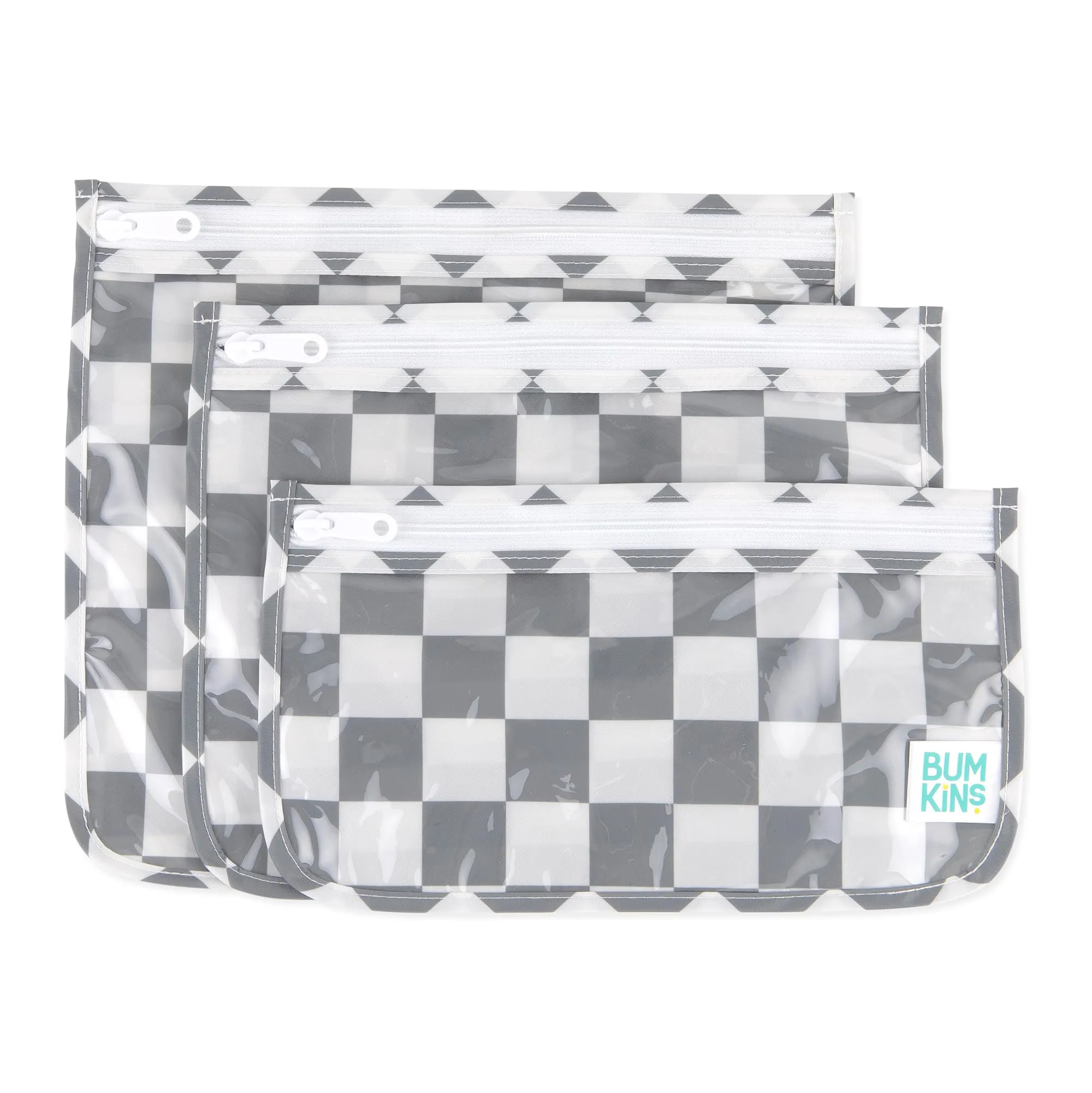 Bumkins Travel Bag, Toiletry, TSA Approved Pouch, Zip Bag, Quart Size Airline Compliant, Clear-Sided, Baby, Diaper Bag Organization, Makeup, Accessories, Packing, Set of 3 Sizes, Charcoal Check