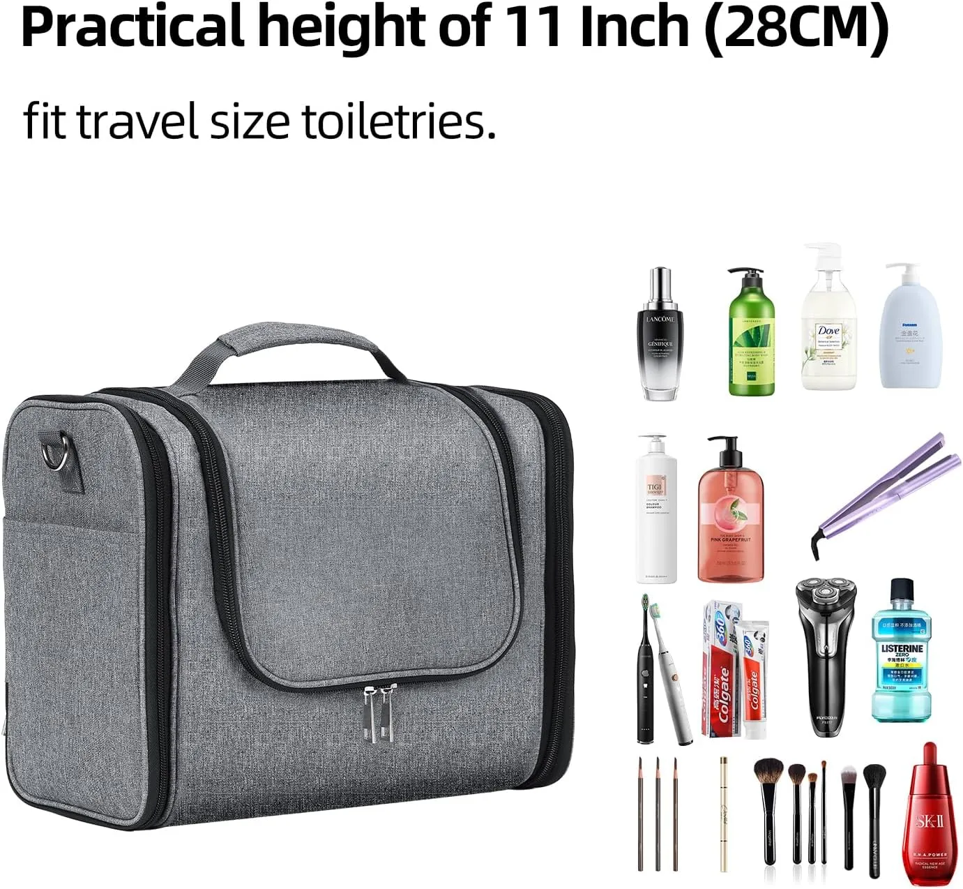 Buruis Extra Large Capacity Toiletry Bag for Women and Men, Hanging Toiletry Organizer Cosmetics Makeup Bag, Water-resistant Dopp Kit for Full Sized Toiletries, Travel Essentials (Oxford Gray)