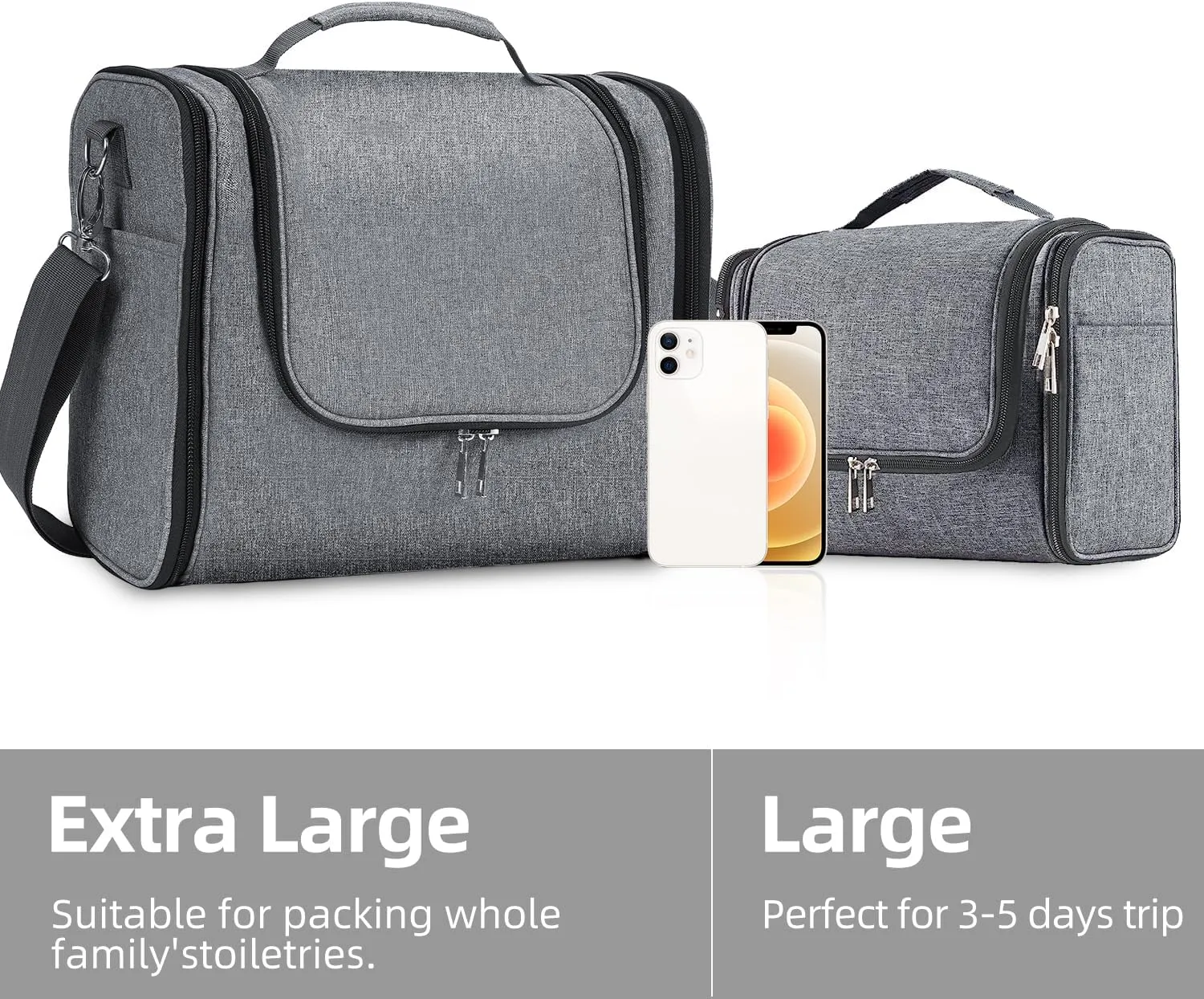 Buruis Extra Large Capacity Toiletry Bag for Women and Men, Hanging Toiletry Organizer Cosmetics Makeup Bag, Water-resistant Dopp Kit for Full Sized Toiletries, Travel Essentials (Oxford Gray)