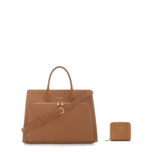 Cadeau d'Isabel camel calfskin leather handbag and zipper wallet gift set