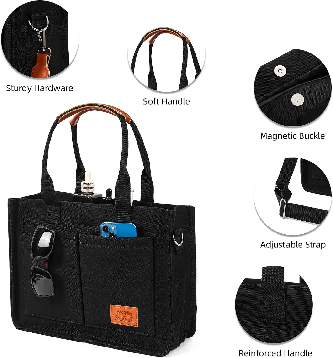 Canvas Tote Bag for Women, Large Laptop Travel Tote Handbag Totes with Crossbody Shoulder Teachers Reusable Grocery Bags