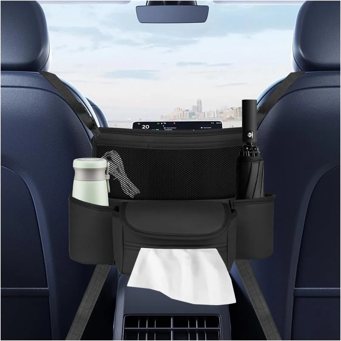 Car Handbag Holder Between Seats, Large Capacity Car Purse Organizer with Multi-Pockets, Mesh Car Console Organizer with Tissue Holder & Cupholders, Car Storage Bag for Document Phone (Black)