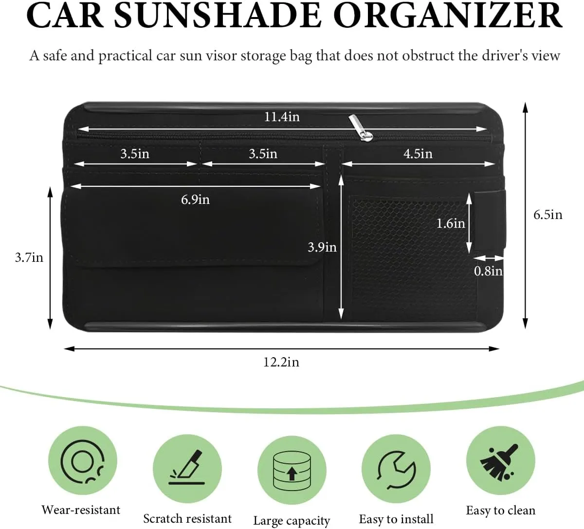 Car Sun Visor Organizer, Suede Leather Visor Glasses Storage Pocket Net Zipper Card Holder, Multi-Pocket Visor Sunglasses Organizer for Document Registration License Pen (Black)